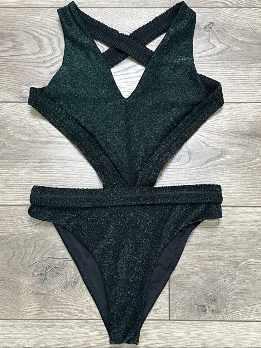 Devon Windsor Yara Shimmer Cutout One Piece Swimsuit Midnight Green Size XS